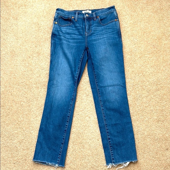 Madewell Denim - Madewell Mid Rise Stovepipe Slim Straight Leg Raw Hem Stretch Jeans Size 28P